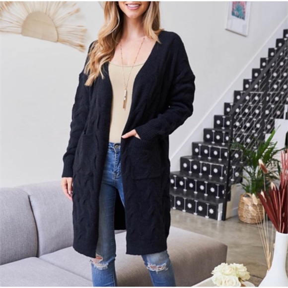 1 LEFT! Open Front Long Sleeve Soft Tight Knit Black Women's Cardigan - Picture 11 of 12